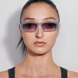 Chimi Jet Sunglasses in Soft Blue Rectangular Shape with purple / pink lens